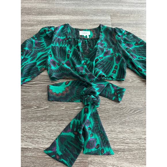 NWOT BA&SH Cally Ikat-print Gauze Crop Top Blouse In Vert Side Tie  Size Small - Picture 4 of 14